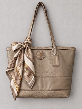 COACH Taupe Metallic Leather Stitch Outline C Tote Purse F19409 (2012)
